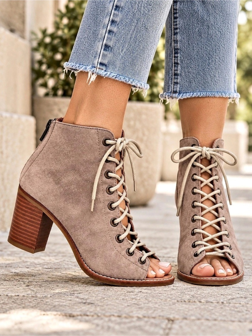 Jeffrey Campbell Cors Taupe Suede Lace Up Peep Toe Booties Block Heel 7.5
